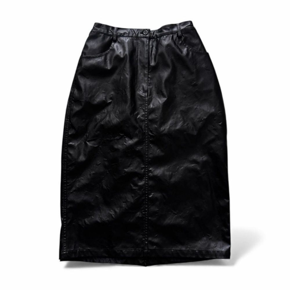 Vintage Black Faux Leather Midi Skirt Size S I High Waist PU Leather Mid Length